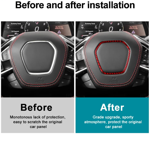 C8 Corvette Soft Carbon Fiber Center Steering Wheel Chrome Trim Cover | Black / Red