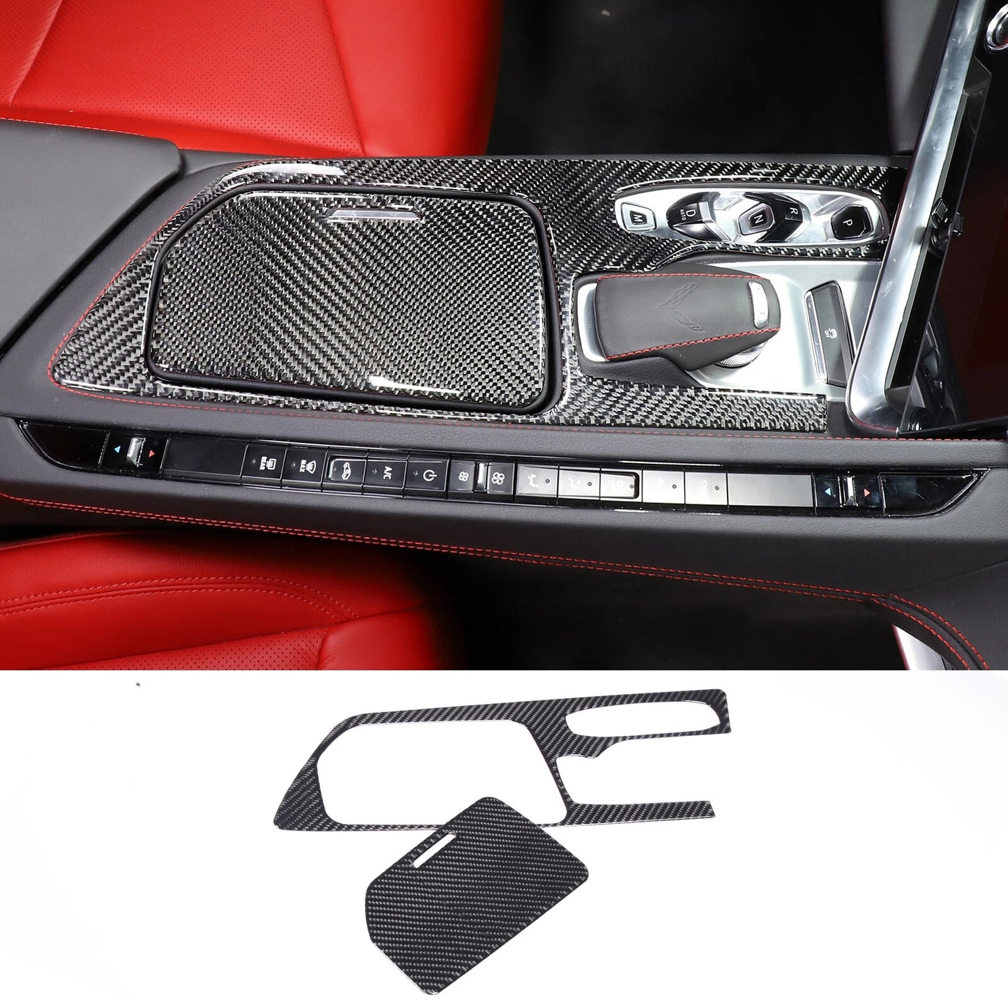 C8 Corvette Soft Carbon Fiber Center Console Cover | Black, Red Carbon Fiber
