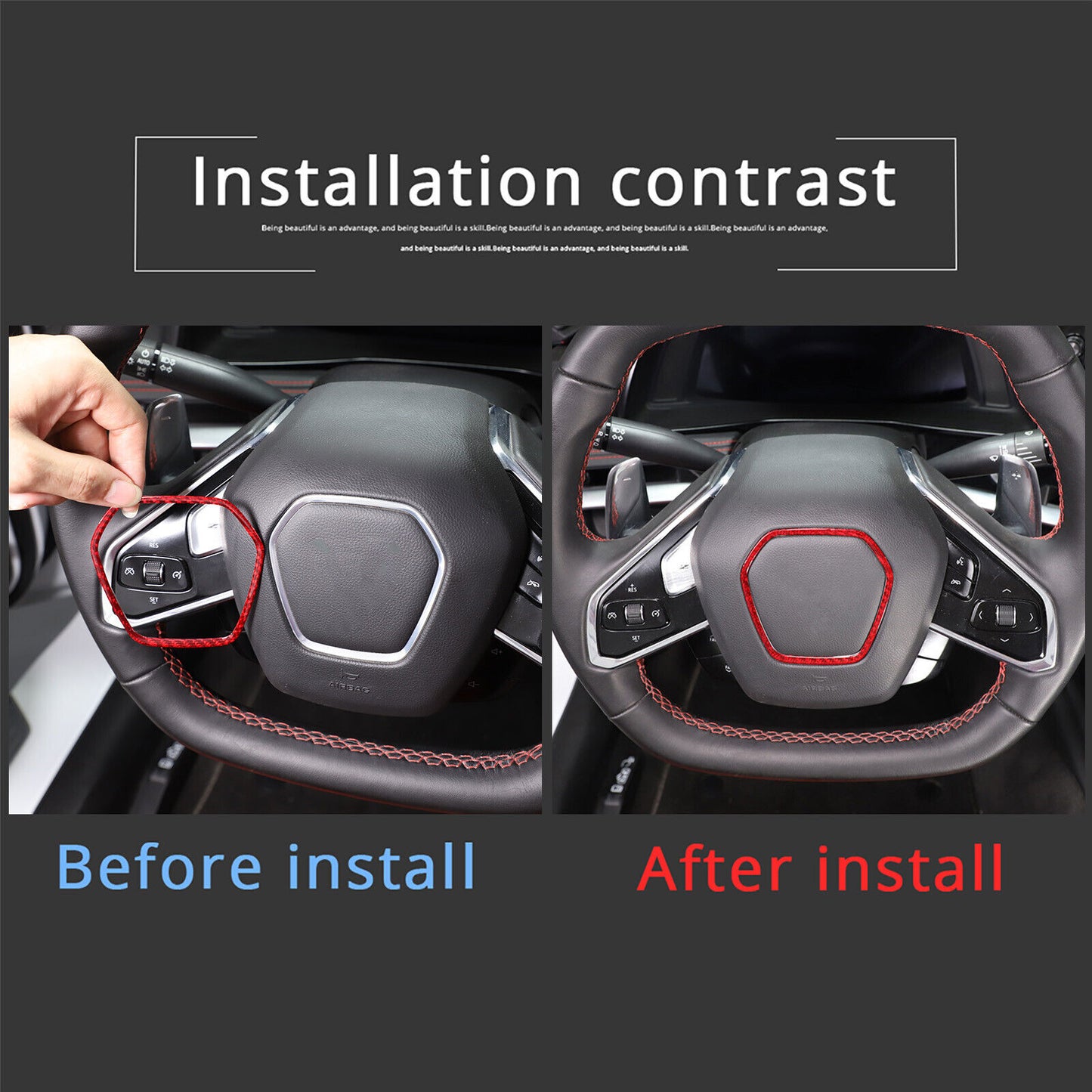 C8 Corvette Red Carbon Fiber Center Steering Wheel Chrome Trim Cover | Next-Gen Carbon