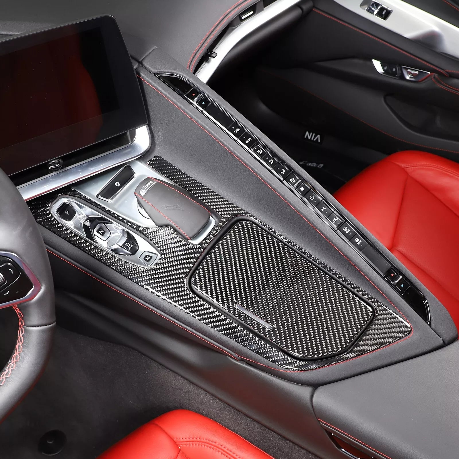 C8 Corvette Soft Carbon Fiber Center Console Cover | Black, Red Carbon Fiber