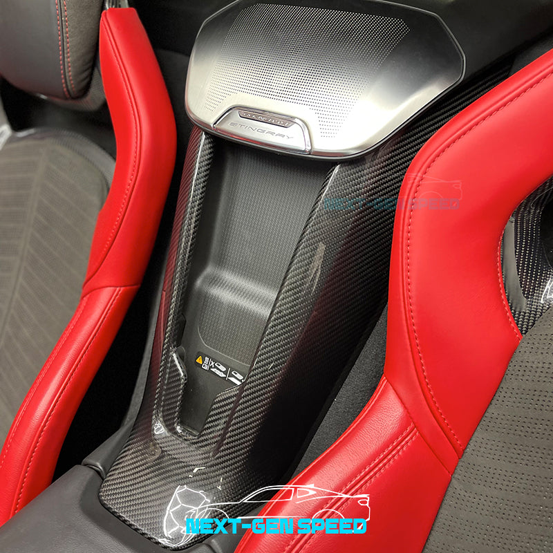 C8 Corvette Carbon Fiber Rear Waterfall Compartment Cover | Black / Red Carbon Fiber