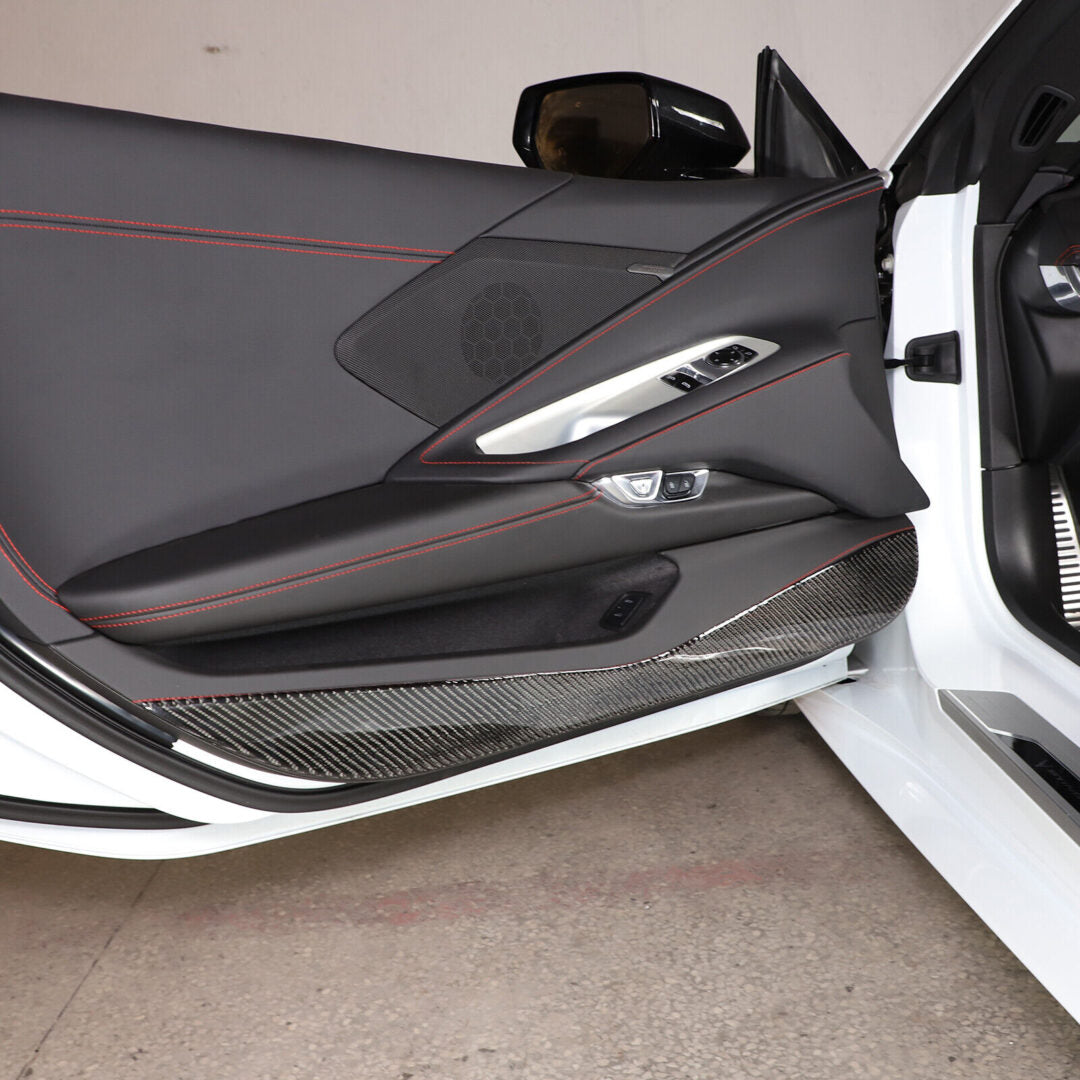 C8 Corvette Soft Carbon Fiber Door Kick Panel Insert Covers in Black / Red | Next-Gen Carbon