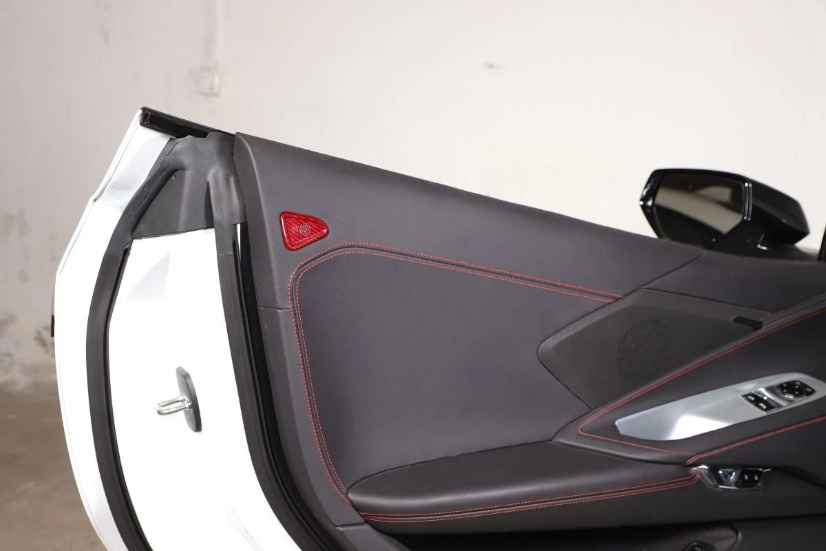 C8 Corvette Carbon Fiber Door Mic Speaker Covers | Black / Red