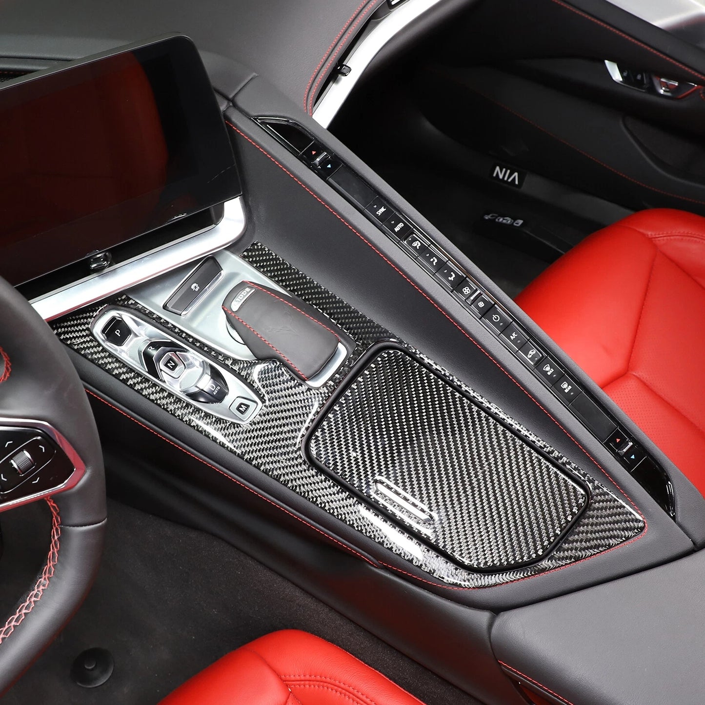 C8 Corvette Soft Carbon Fiber Center Console Cover | Black, Red Carbon Fiber