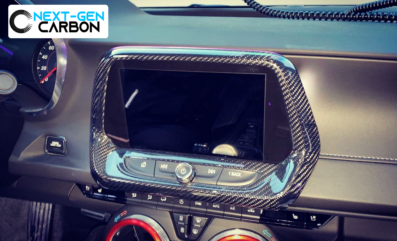 2016 - 24 Camaro Real Carbon Fiber 8" Radio Screen Trim Cover in Black/Red | Next-Gen Carbon
