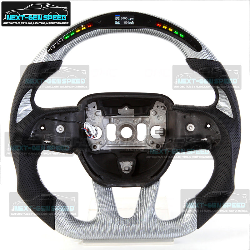 2015 - 23 Dodge Charger / Challenger / Durango / Track Hawk SRT LED White Carbon Fiber Leather Steering Wheel | Next-Gen Carbon