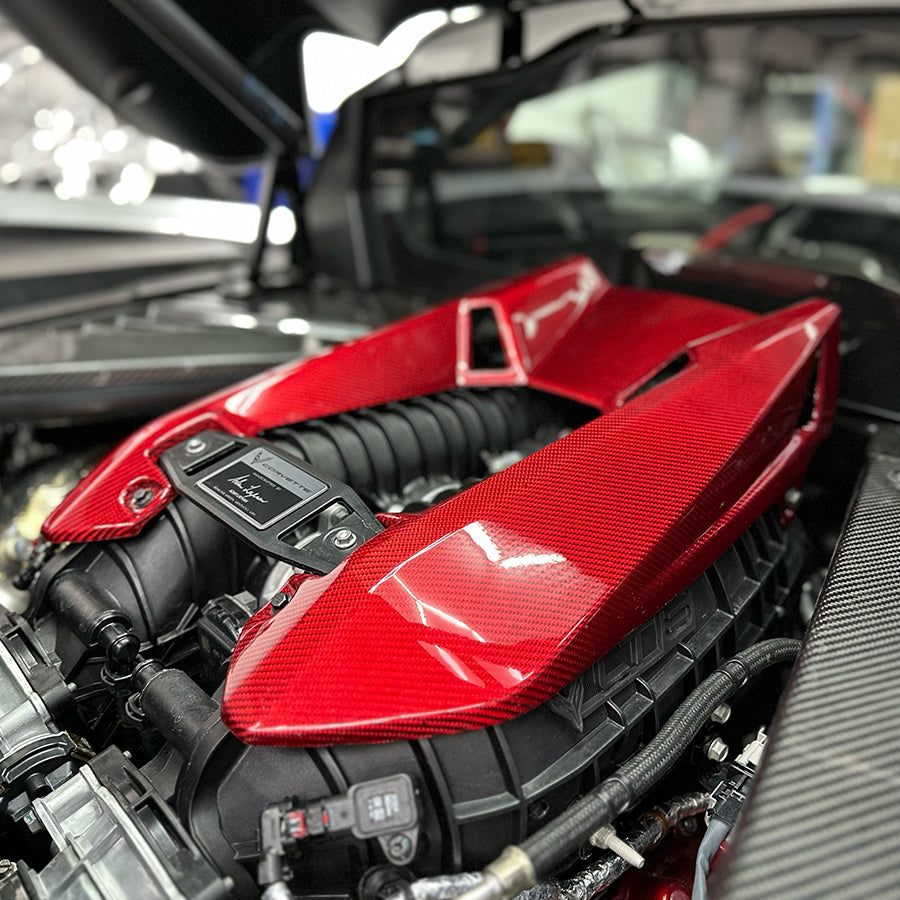 C8 Corvette Z06 LT6 Carbon Fiber Engine Cover | Black / Red Carbon