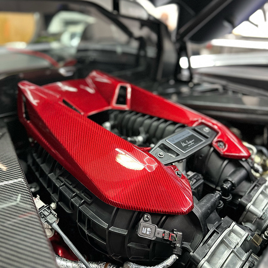 C8 Corvette Z06 LT6 Carbon Fiber Engine Cover | Black / Red Carbon