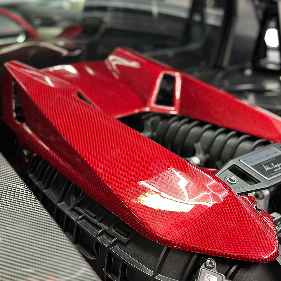 C8 Corvette Z06 LT6 Carbon Fiber Engine Cover | Black / Red Carbon