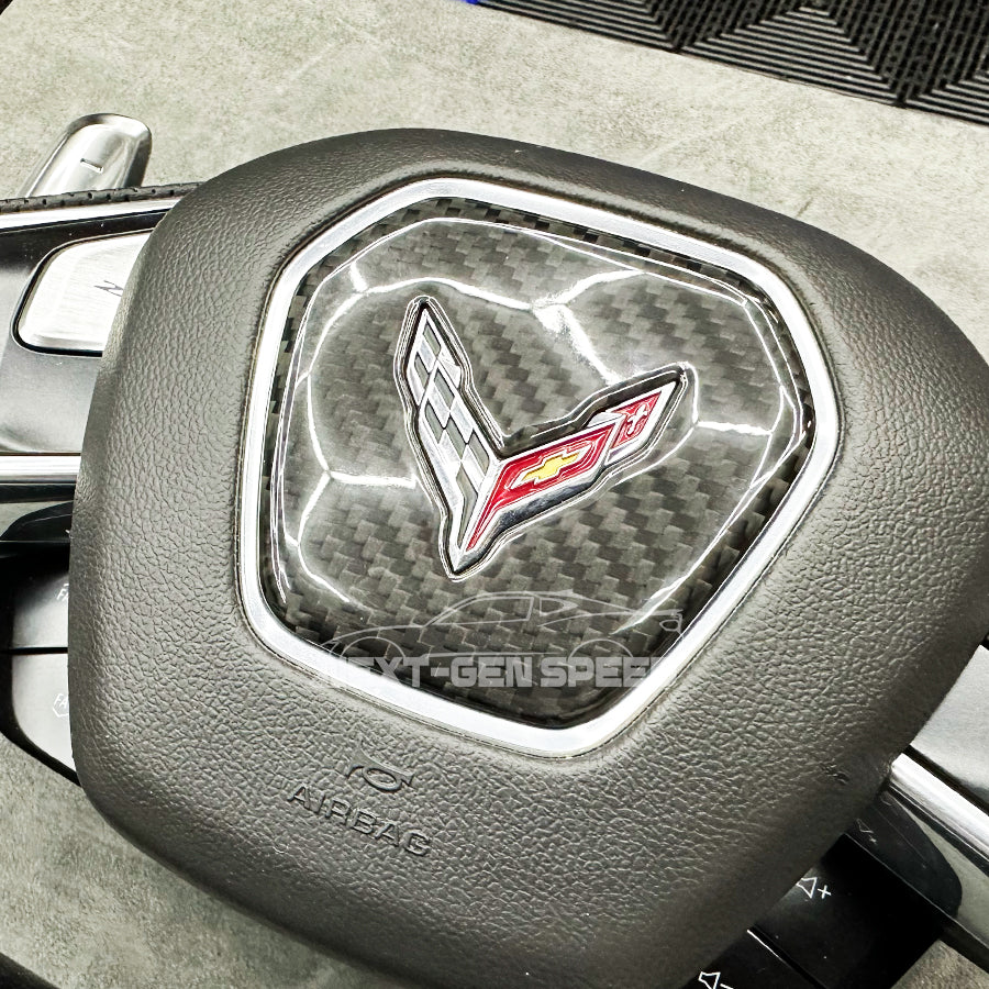 C8 Corvette Hard Carbon Fiber Center Steering Wheel Cover | Black / Red | Blue Carbon