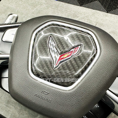 C8 Corvette Hard Carbon Fiber Center Steering Wheel Cover | Black / Red | Blue Carbon
