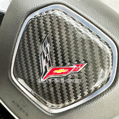 C8 Corvette Hard Carbon Fiber Center Steering Wheel Cover | Black / Red | Blue Carbon