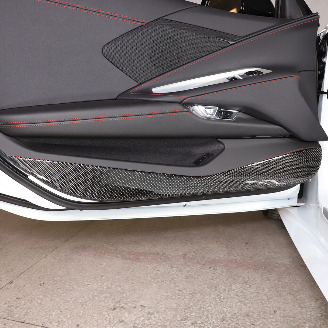 C8 Corvette Soft Carbon Fiber Door Kick Panel Insert Covers in Black / Red | Next-Gen Carbon