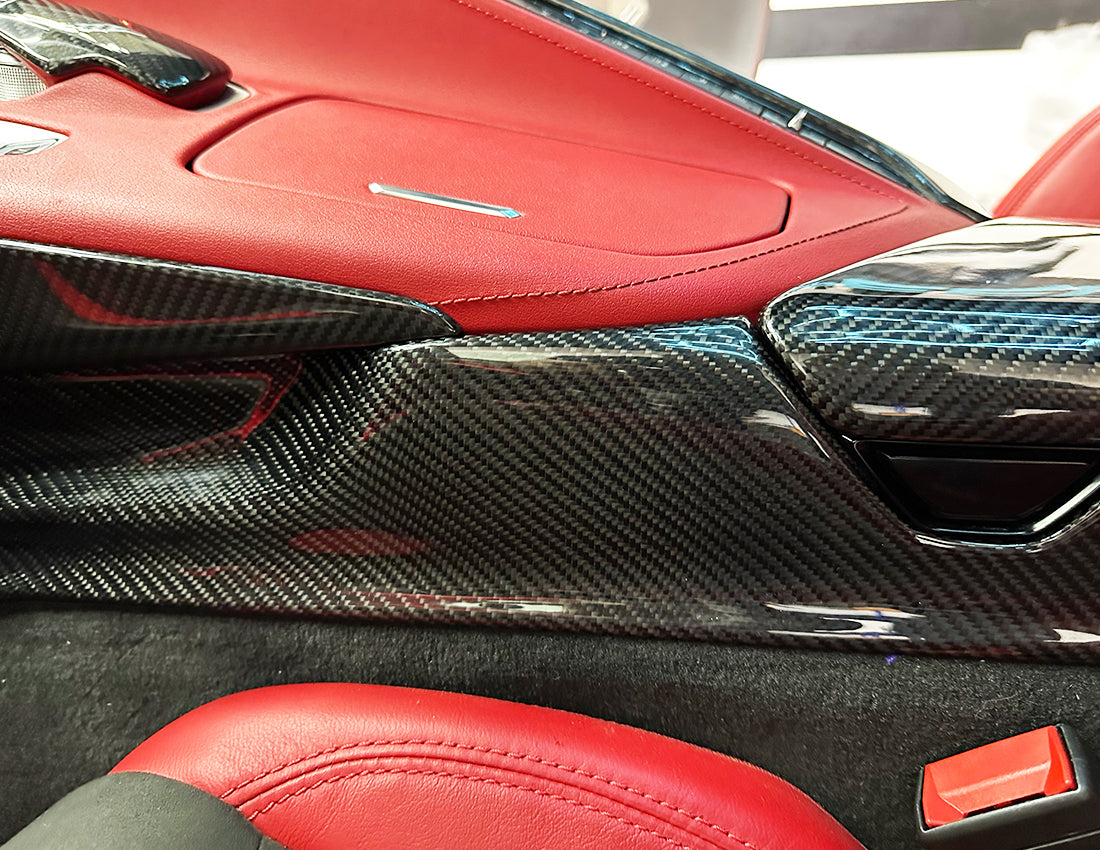 C8 Corvette Carbon Fiber Side Console Trim Covers | Black / Red