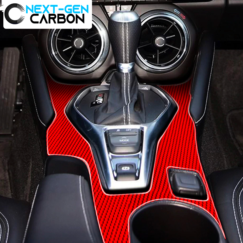 2016 - 24 Camaro Real Carbon Fiber Center Console Overlay Cover | Black / Red Carbon