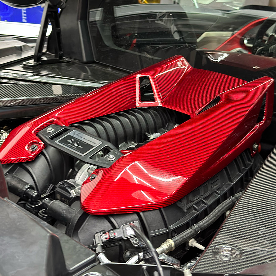 C8 Corvette Z06 LT6 Carbon Fiber Engine Cover | Black / Red Carbon