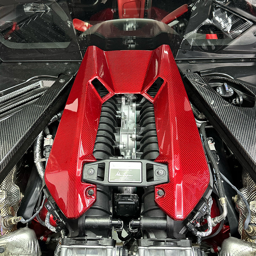 C8 Corvette Z06 LT6 Carbon Fiber Engine Cover | Black / Red Carbon