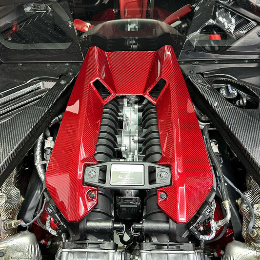 C8 Corvette Z06 LT6 Carbon Fiber Engine Cover | Black / Red Carbon