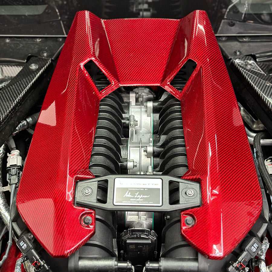 C8 Corvette Z06 LT6 Carbon Fiber Engine Cover | Black / Red Carbon