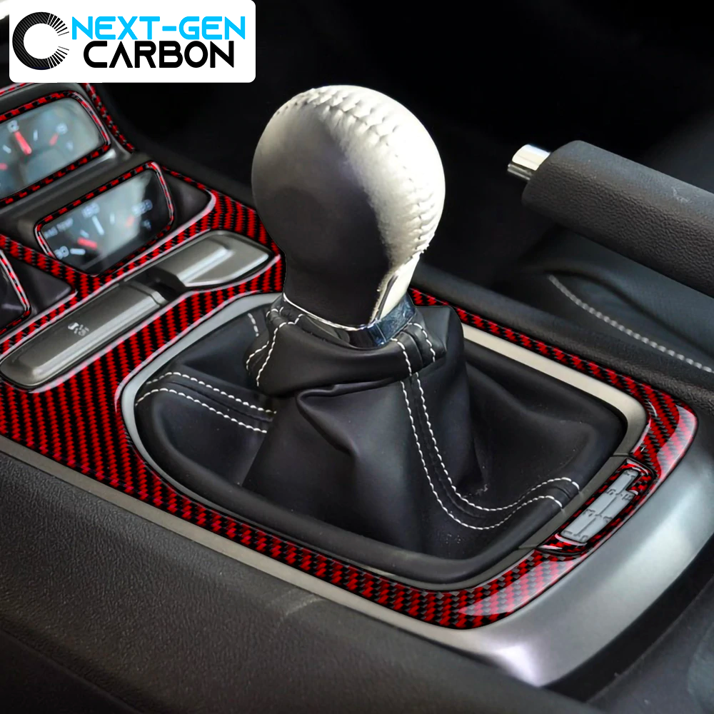 2010 - 15 Camaro Real Carbon Fiber Center Console Cover Overlay Kit | Black / Red Carbon