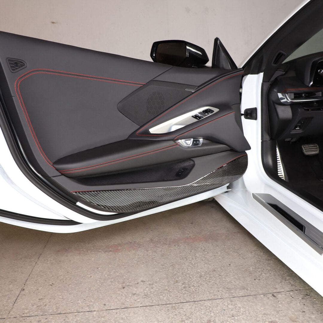 C8 Corvette Soft Carbon Fiber Door Kick Panel Insert Covers in Black / Red | Next-Gen Carbon