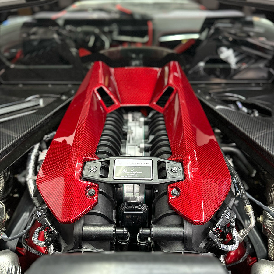 C8 Corvette Z06 LT6 Carbon Fiber Engine Cover | Black / Red Carbon