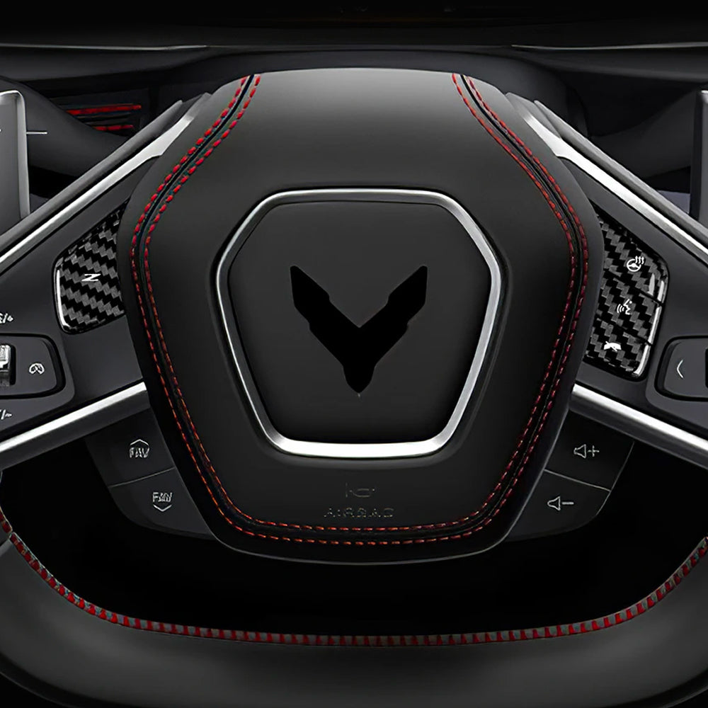 C8 Corvette Carbon Fiber Steering Wheel Button Cover Kit | Black / Red Carbon Fiber