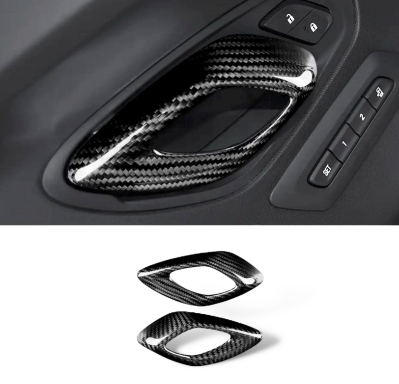 2016 - 24 Camaro Carbon Fiber Interior Door Handle Chrome Delete Covers | Black / Red Carbon