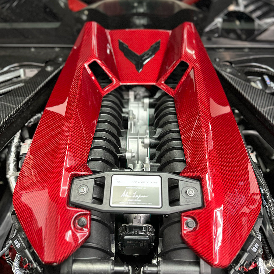 C8 Corvette Z06 LT6 Carbon Fiber Engine Cover | Black / Red Carbon