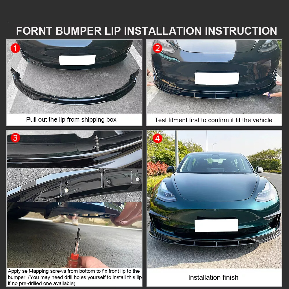 2017 - 23 Model 3 Gloss Black Front Bumper Lip Splitter 4PC