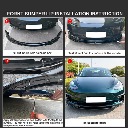 2017 - 23 Model 3 Gloss Black Front Bumper Lip Splitter 4PC