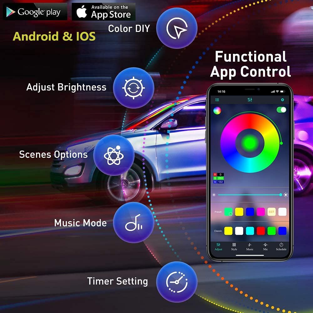 Multicolor RGB Car Interior Tube Lighting Kit