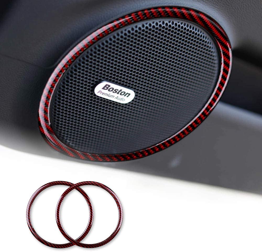 2010 - 15 Camaro Real Carbon Fiber Door Speaker Trim Rings Covers | Black / Red Carbon
