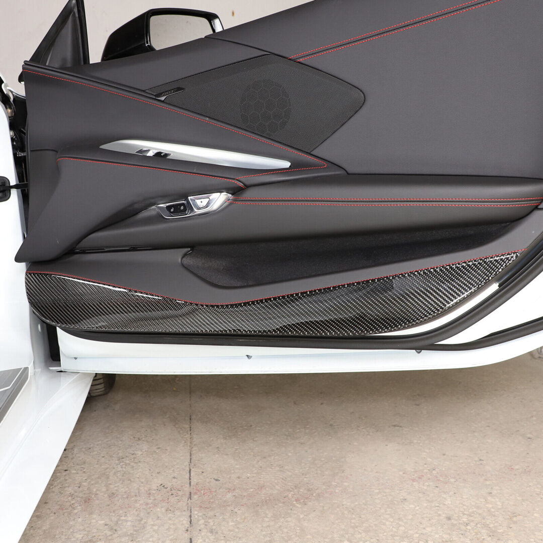 C8 Corvette Soft Carbon Fiber Door Kick Panel Insert Covers in Black / Red | Next-Gen Carbon