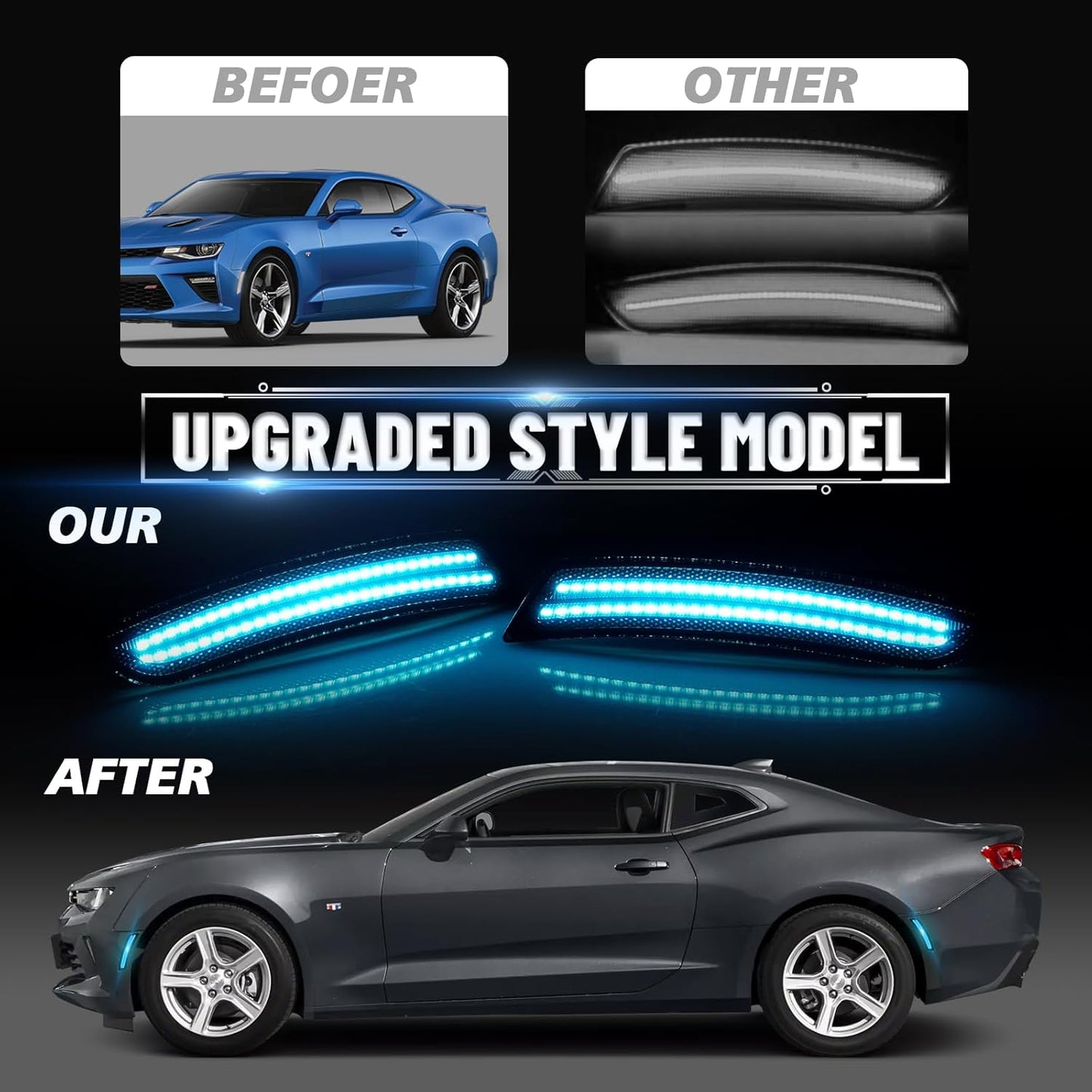 2016 - 24 Camaro Smoked Dual Ice Blue LED Side Markers