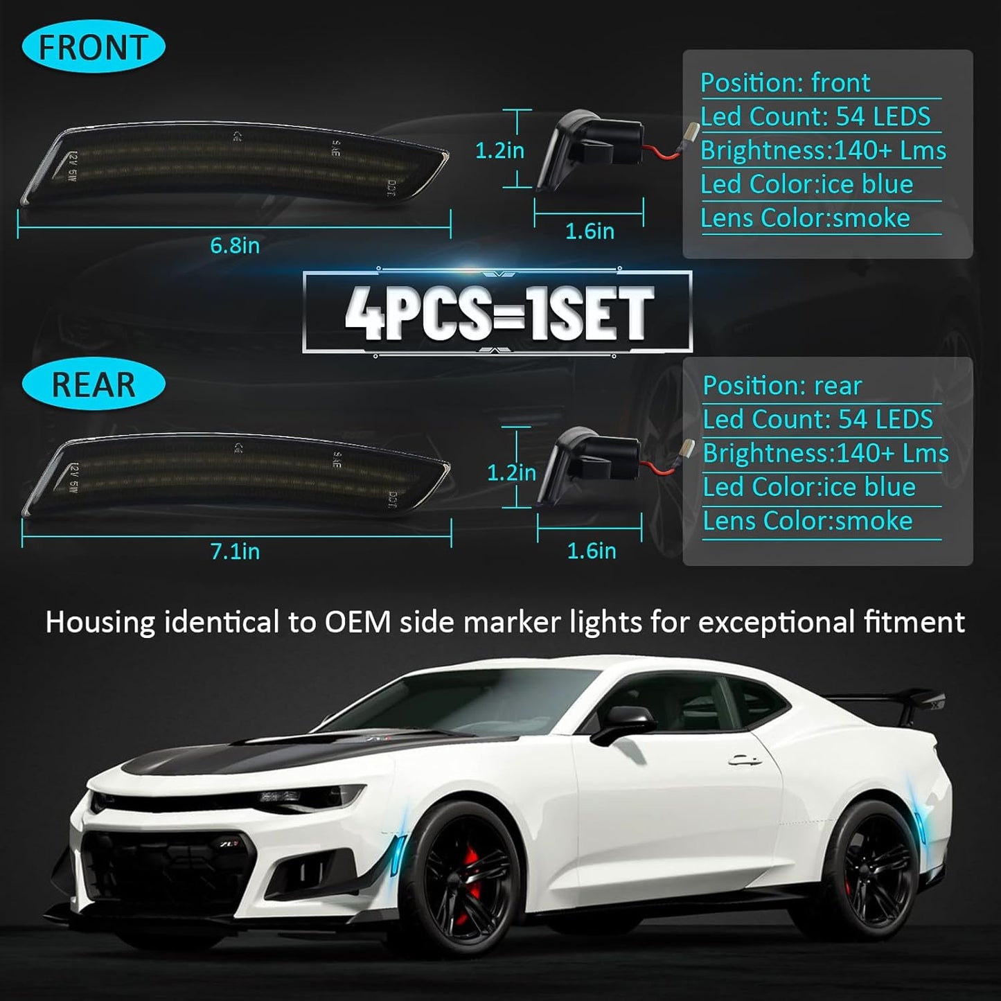 2016 - 24 Camaro Smoked Dual Ice Blue LED Side Markers