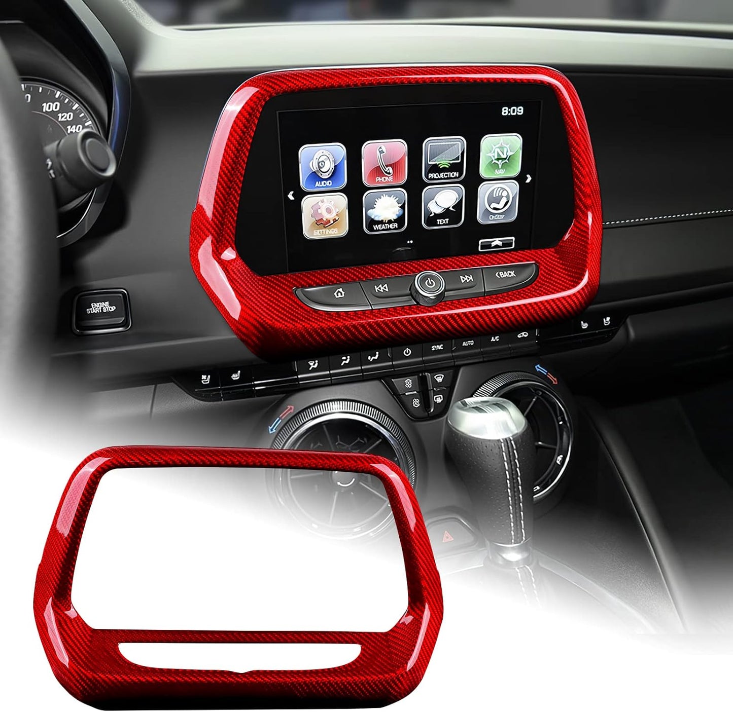 2016 - 24 Camaro Real Carbon Fiber 8" Radio Screen Trim Cover in Black/Red | Next-Gen Carbon