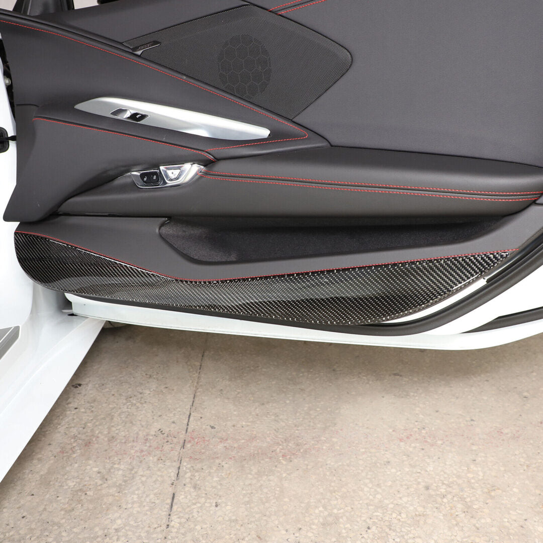 C8 Corvette Soft Carbon Fiber Door Kick Panel Insert Covers in Black / Red | Next-Gen Carbon