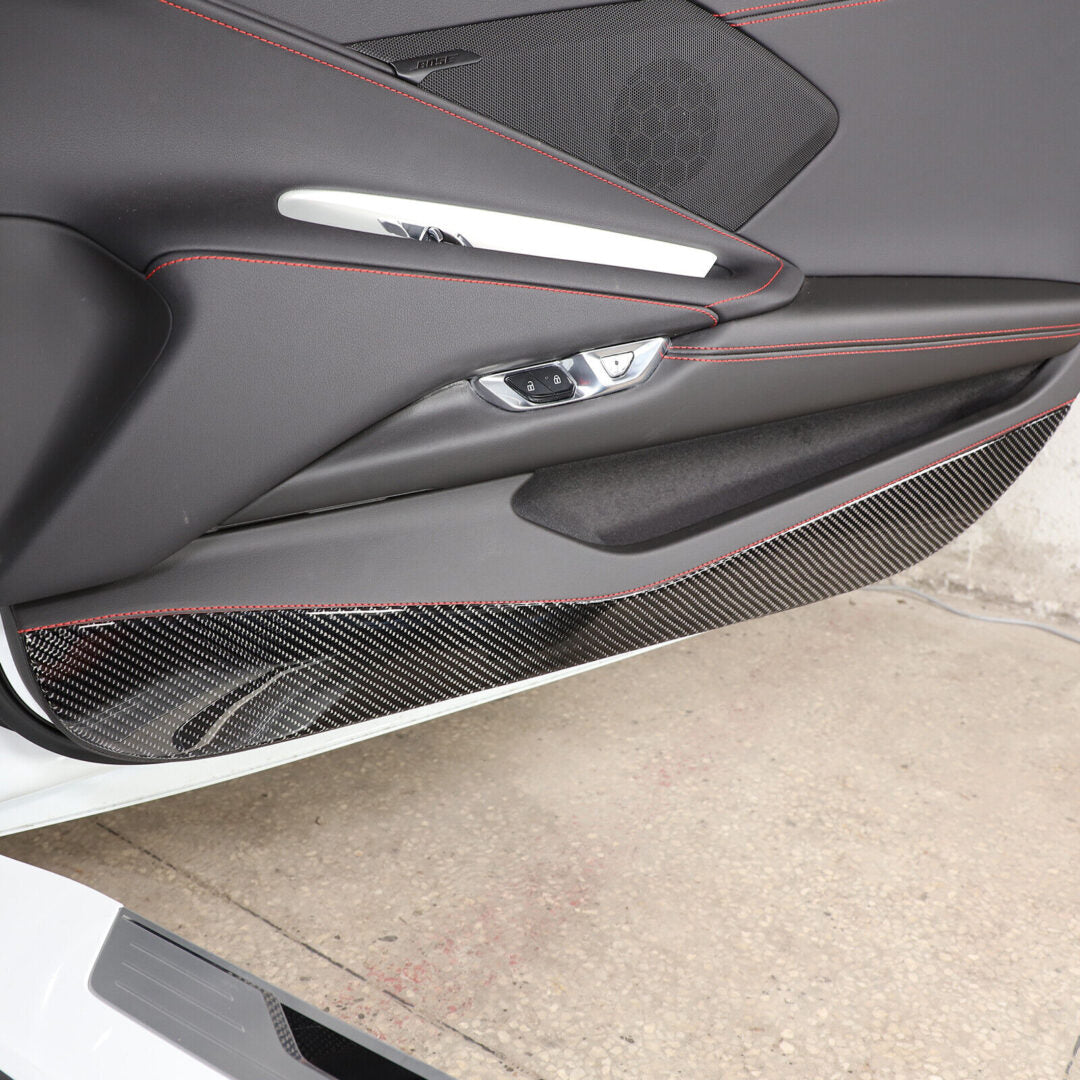 C8 Corvette Soft Carbon Fiber Door Kick Panel Insert Covers in Black / Red | Next-Gen Carbon
