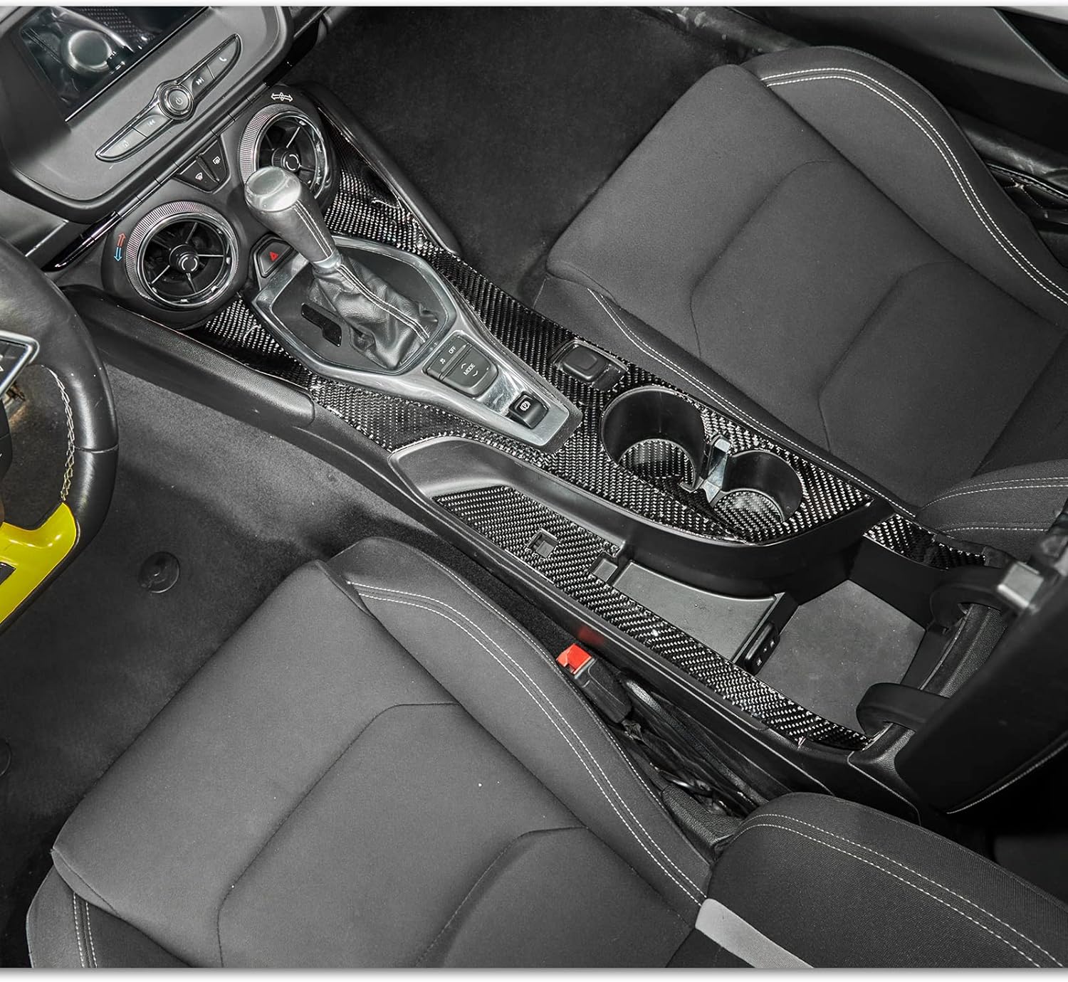 2016 - 24 Camaro Real Carbon Fiber Center Console Overlay Cover | Black / Red Carbon