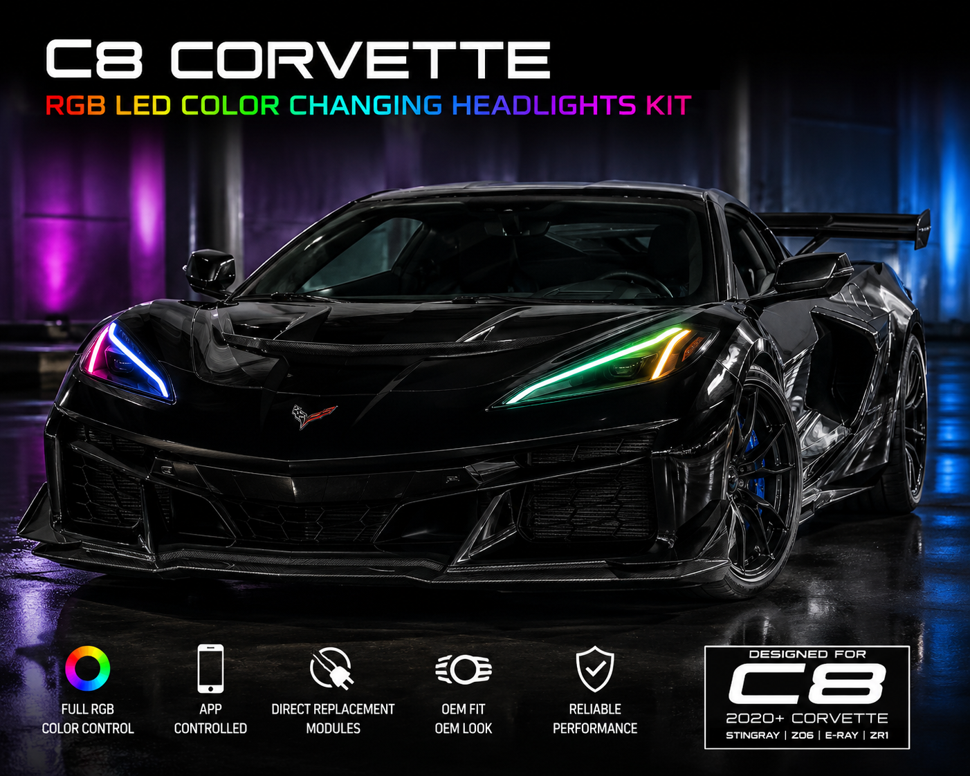 C8 Corvette Next-Gen RGB LED Headlights Kit