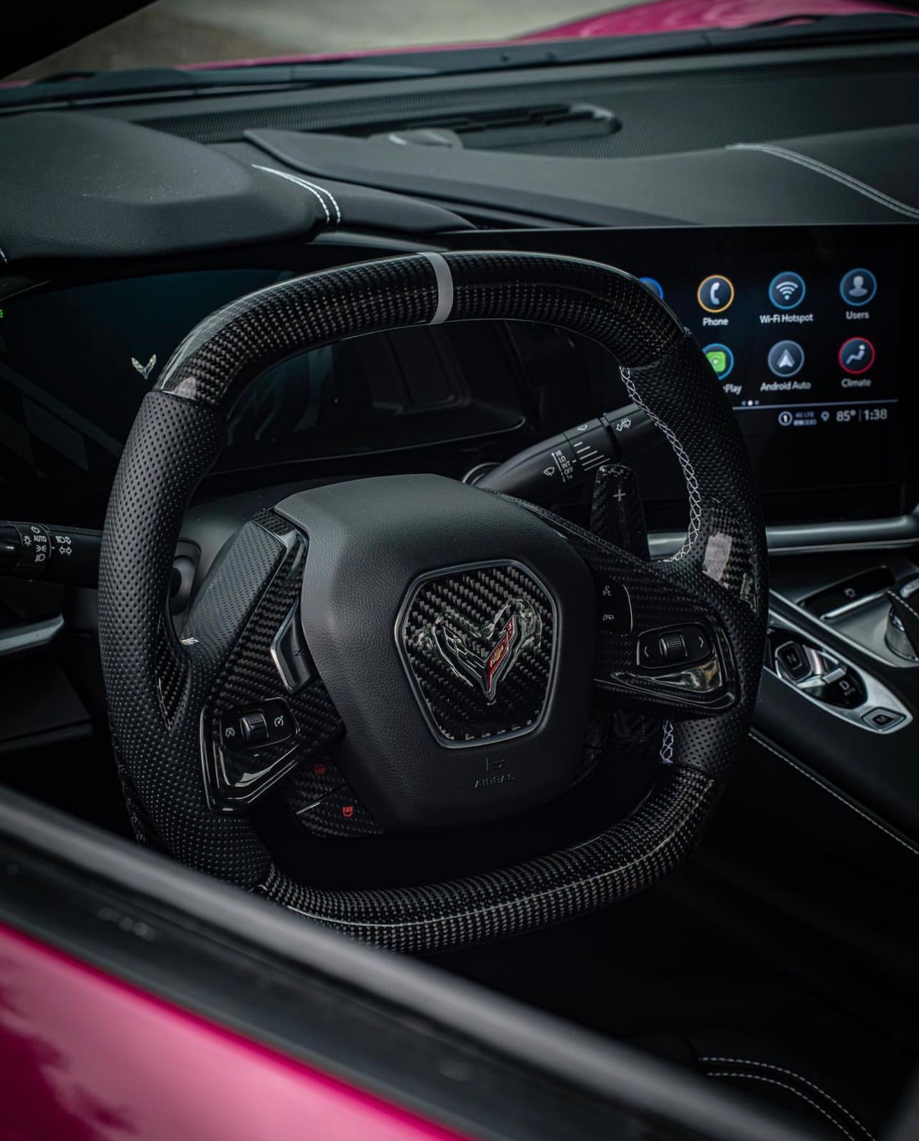 C8 Corvette Carbon Fiber Steering Wheel Chrome Button Trim Covers | Black/Red/Blue