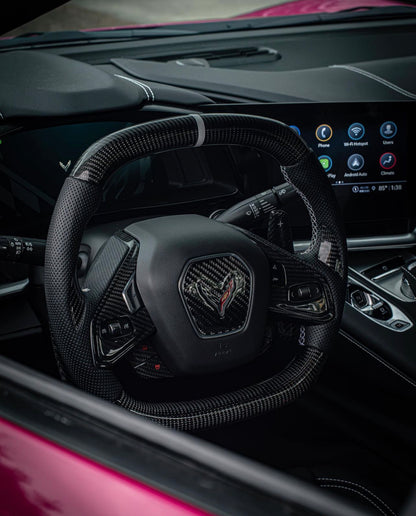 C8 Corvette Carbon Fiber Steering Wheel Chrome Button Trim Covers | Black/Red/Blue