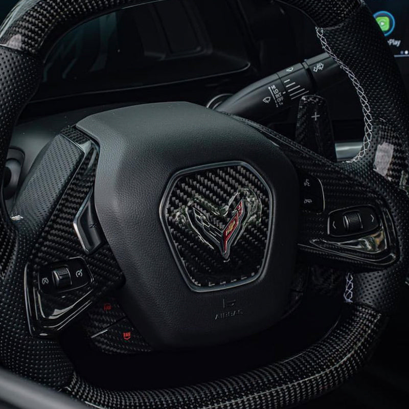 C8 Corvette Carbon Fiber Center Steering Wheel Cover | Black /Red