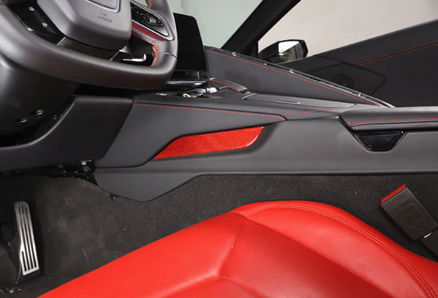 C8 Corvette Soft Carbon Fiber Side Console Inserts in Black / Red | Next-Gen Carbon