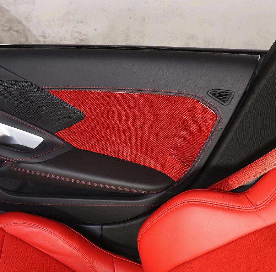 C8 Corvette Soft Carbon Fiber Door Panel Insert Covers in Black / Red | Next-Gen Carbon