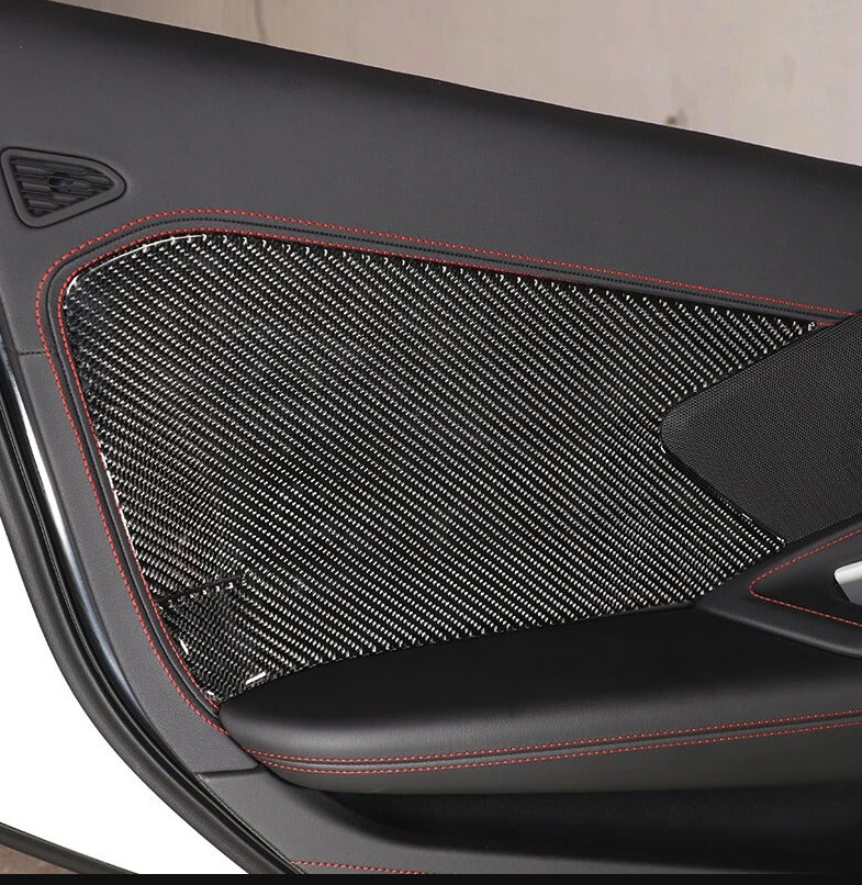 C8 Corvette Soft Carbon Fiber Door Panel Insert Covers in Black / Red | Next-Gen Carbon