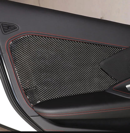 C8 Corvette Soft Carbon Fiber Door Panel Insert Covers in Black / Red | Next-Gen Carbon