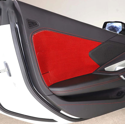 C8 Corvette Soft Carbon Fiber Door Panel Insert Covers in Black / Red | Next-Gen Carbon