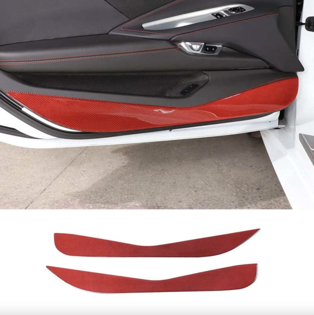C8 Corvette Soft Carbon Fiber Door Kick Panel Insert Covers in Black / Red | Next-Gen Carbon